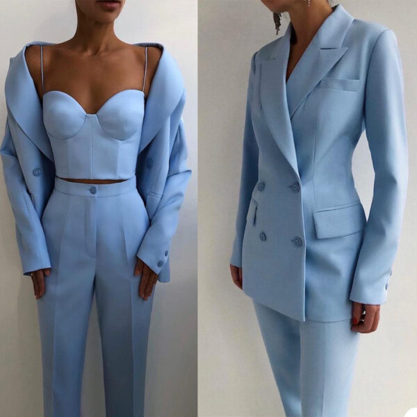 Pieces Fashion Women Suits Peaked Lapel Double Breasted Jack - Image 3