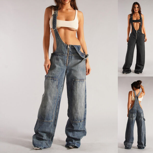 Y2K Zipper Denim Overalls With Pockets Fashion Loose Suspender Jumpsuit Streetwear Jeans Pants Womens Clothing - Image 2