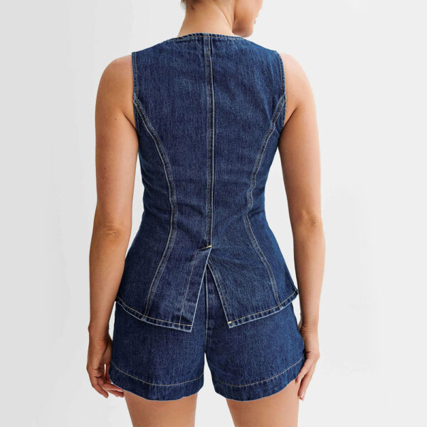 Fashion Denim Suit Summer Casual Sleeveless Button Vest Top And High Waist Shorts Set For Womens Clothing - Image 6