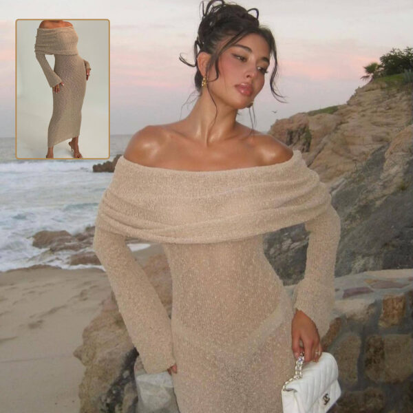 New One-shoulder Knitted Long-sleeved Dress Sexy Beach Holiday Long Dresses Womens Clothing - Image 6