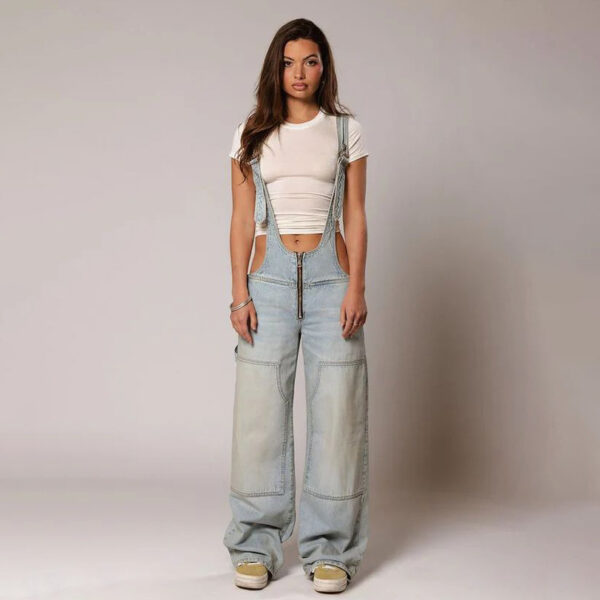 Y2K Zipper Denim Overalls With Pockets Fashion Loose Suspender Jumpsuit Streetwear Jeans Pants Womens Clothing - Image 9