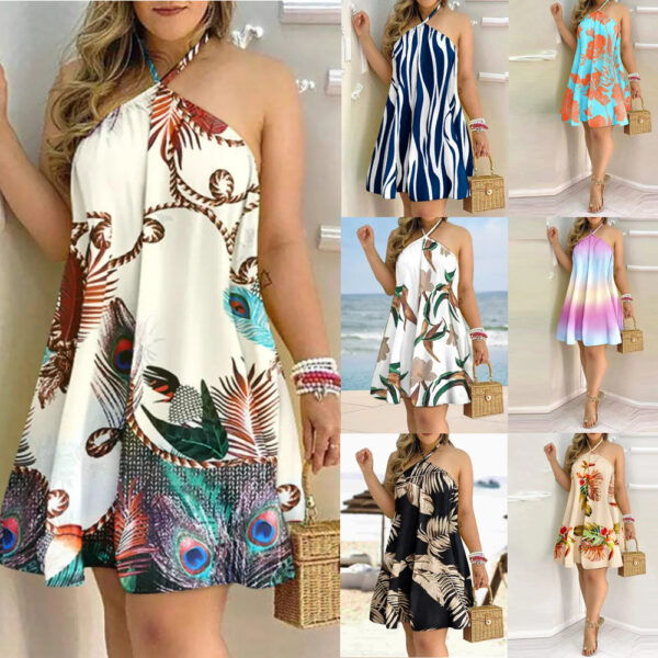 Printed Dress Summer Off-Shoulder Hanging Neck Sleeveless Sexy Dresses Women - Image 6