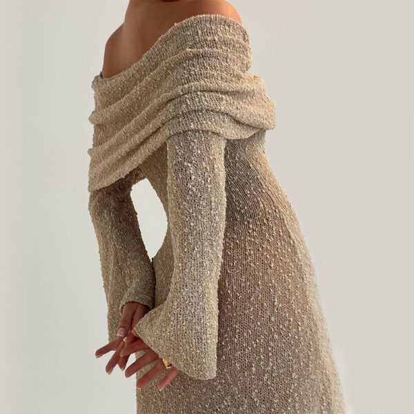 New One-shoulder Knitted Long-sleeved Dress Sexy Beach Holiday Long Dresses Womens Clothing - Image 9