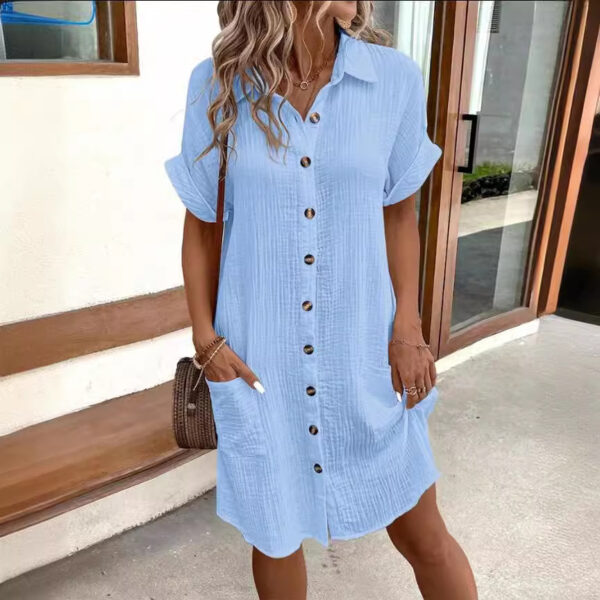 Summer Short Sleeve Shirt Dress Fashion Solid Color Single-breasted Mid-length Loose Dress - Image 6