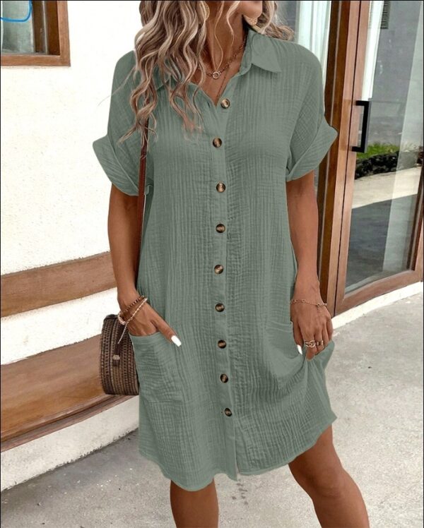 Summer Short Sleeve Shirt Dress Fashion Solid Color Single-breasted Mid-length Loose Dress - Image 10