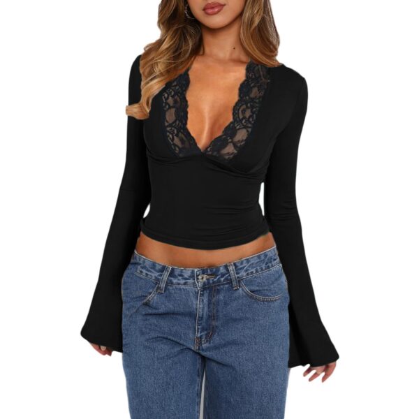 Slim V-neck Lace T-Shirt Ins Fashion Trumpet Sleeve Long-sleeved Top Women Clothing - Image 6