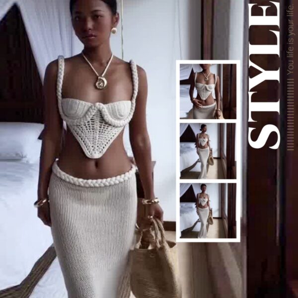 Y2K Crochet Knit 2 Piece Skirt Set Women's Square Collar Camisole Hip Skirt Hollow Out Strapless Tube Top Low Waist Bodycon Maxi Skirts Outfit - Image 4