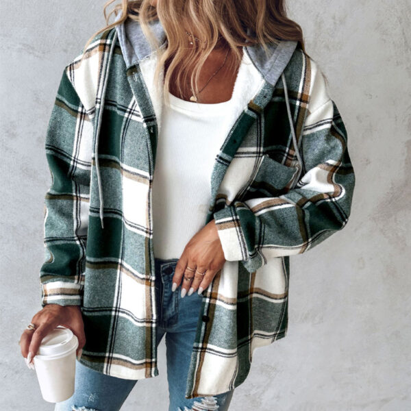 European And American Fashion Women's Wear Solid Color Plaid Hooded Jacket - Image 6