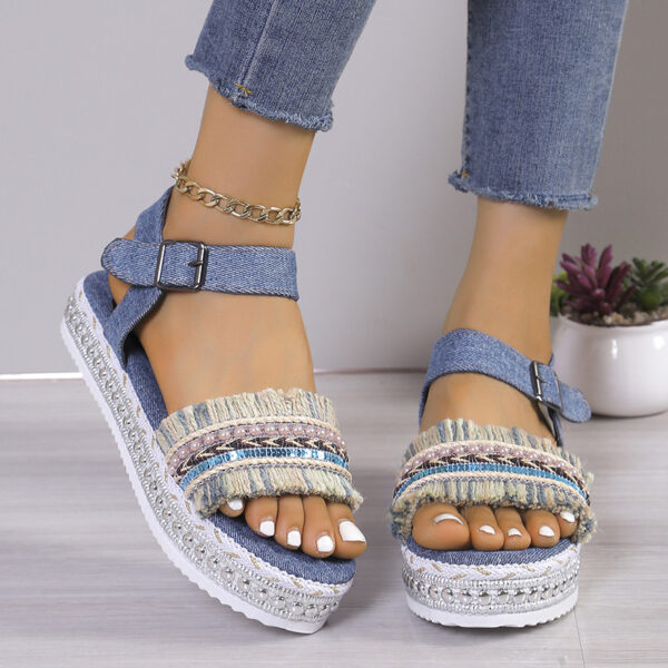 Fashion Tassel Denim Sandals With Thick-soled Flat Heel New Summer Hemp Rope Sole Ethnic Style Shoes For Women - Image 9