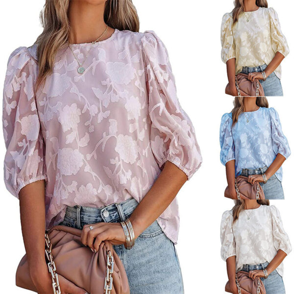 Women's Puff Sleeve Chiffon Loose Top Flower Texture Shirt - Image 8