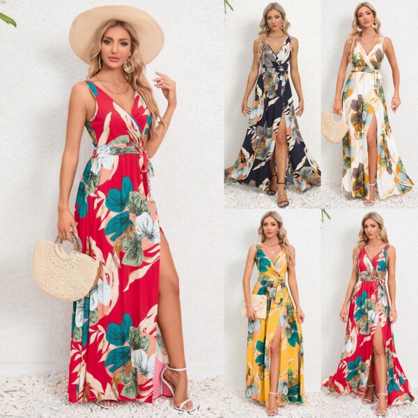 V-neck Floral Print Long Dress Summer Fashion Waist Tie Slit Design Sleeveless Dress For Womens Clothing - Image 4