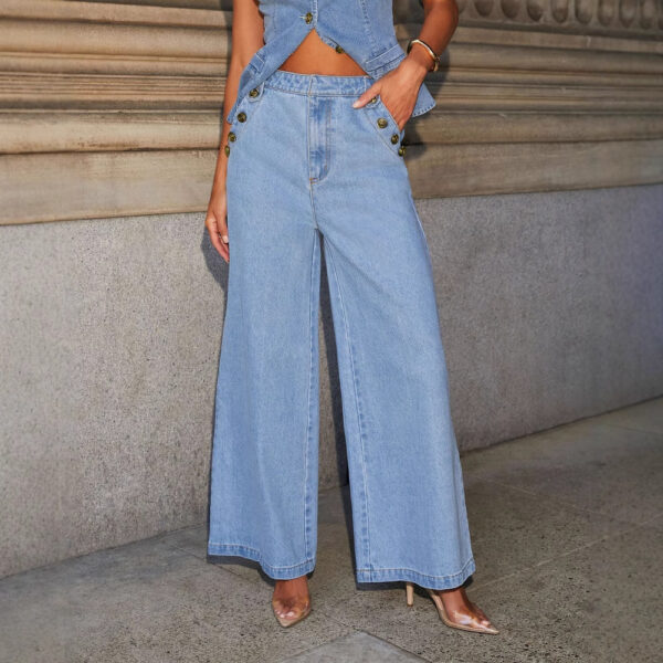 Fashion Sleeveless Denim Suit Wide Leg Pants - Image 4