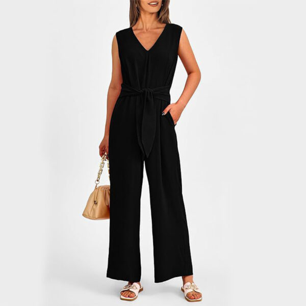 New V-neck Sleeveless Long Jumpsuit With Pockets And Lace-up Design Wide-leg Straight Trousers Summer Womens Clothing - Image 3