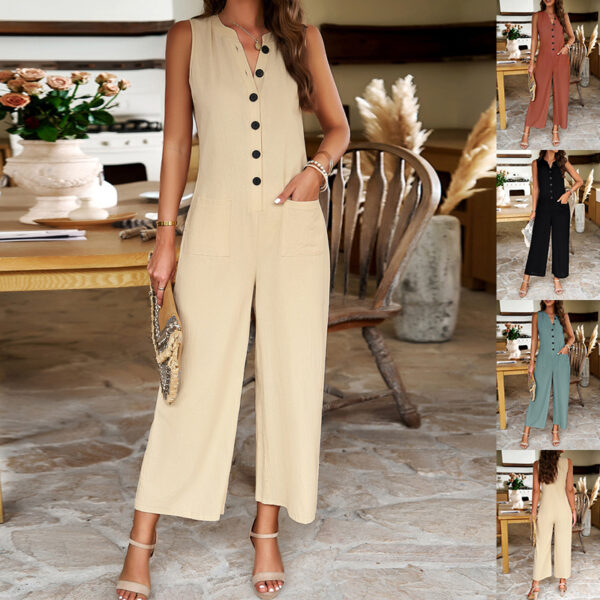 Fashion Sleeveless Jumpsuit With Button Design Casual Temperament Wide Leg Pants For Womens Clothing - Image 2