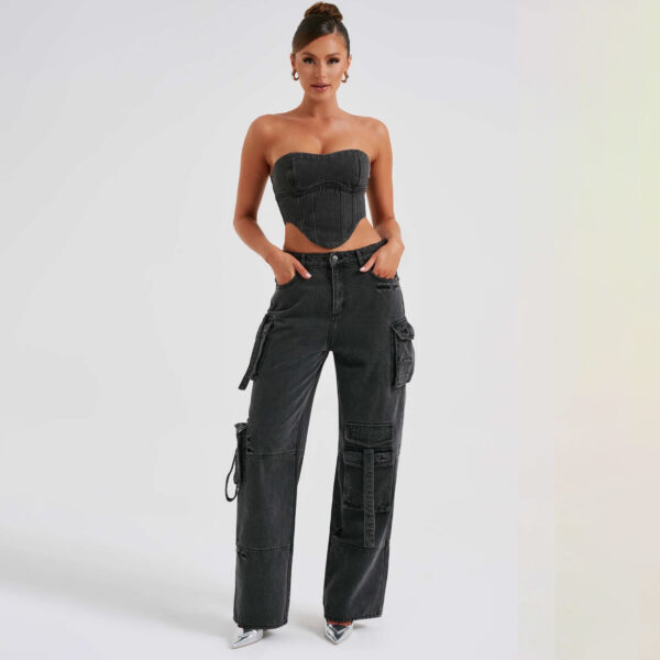 Women's Suit Low Waist Three-dimensional Tube Top And Pocket Stitching Jeans Pants - Image 3