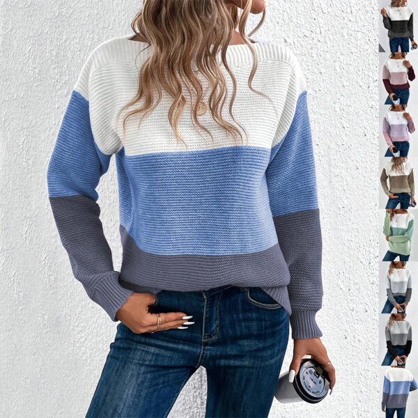 Pullover Knitted Sweater Fashion Round Neck Splicing Knitwear Loose Top Women's Clothing - Image 6