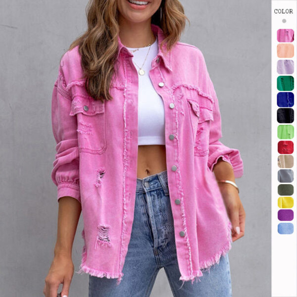 Fashion Ripped Shirt Jacket Female Autumn And Spring Casual Tops Womens Clothing - Image 2