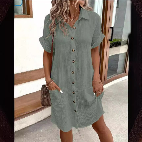 Summer Short Sleeve Shirt Dress Fashion Solid Color Single-breasted Mid-length Loose Dress - Image 2