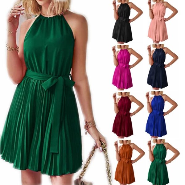 Halter Strapless Dresses For Women Solid Pleated Skirt Summer Beach Sundress - Image 2