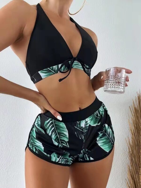 3pcs Leaf Print Bikini With Shorts Fashion Summer Beach Swimsuit Womens Clothing - Image 2