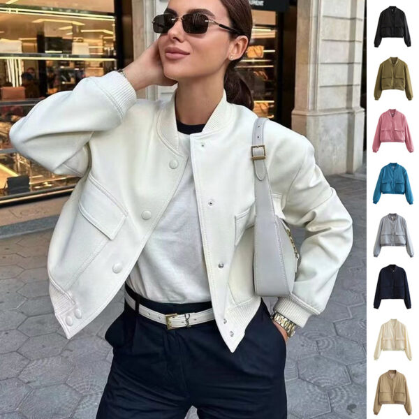 Casual Single-breasted Stand Collar Short Jacket With Pockets Fashion Long Sleeve Outwear Tops Coat For Womens Clothing - Image 9