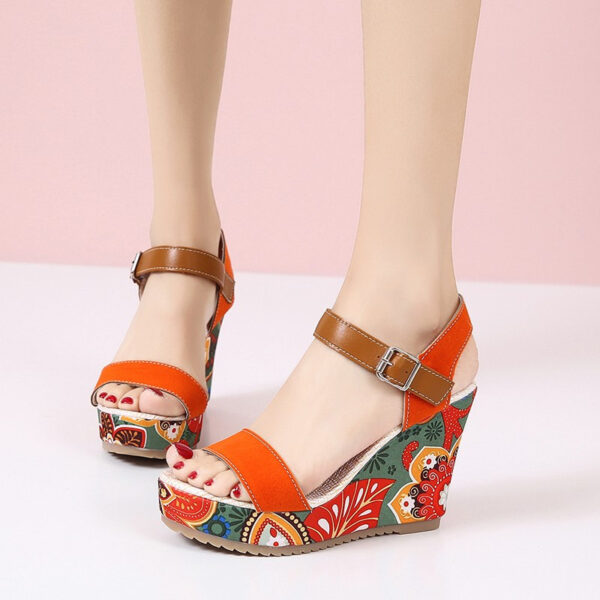 Fashion Flowers Embroidered High Wedge Sandals For Women Summer Toe Platform Buckle Shoes - Image 3