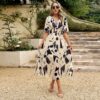New V-neck Printed Short-sleeved Long Dress Summer Fashion Slim Seaside Vacation Beach Dresses For Women Clothing - Image 7