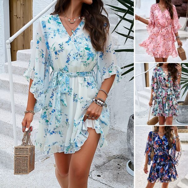 Summer Floral Print Short Sleeves Dress Lace Up Ruffles Design Fashion V-neck Short Dresses Womens Clothing - Image 5