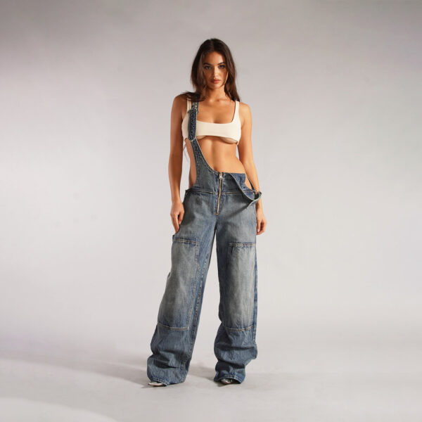 Y2K Zipper Denim Overalls With Pockets Fashion Loose Suspender Jumpsuit Streetwear Jeans Pants Womens Clothing - Image 7