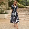 New V-neck Printed Short-sleeved Long Dress Summer Fashion Slim Seaside Vacation Beach Dresses For Women Clothing - Image 6