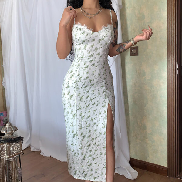 Lace Flowers Print Long Dress Sexy Fashion Slit Suspender Dress Summer Womens Clothing - Image 2