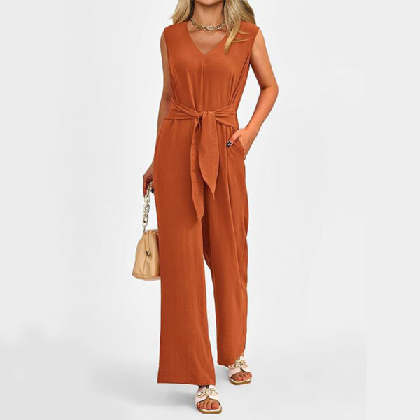 New V-neck Sleeveless Long Jumpsuit With Pockets And Lace-up Design Wide-leg Straight Trousers Summer Womens Clothing - Image 2