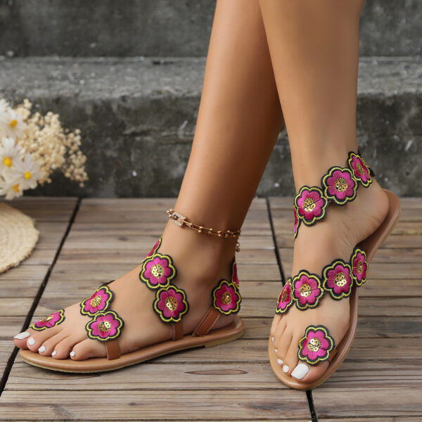 Ethnic Style Flowers Flat Sandals Summer Vacation Casual Clip Toe Beach Shoes For Women - Image 5