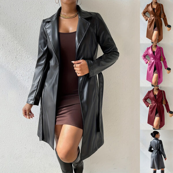 Long Sleeve Lapel PU Leather Jacket With Pockets Slim Fit Long Trench Coat Women's Clothing - Image 5