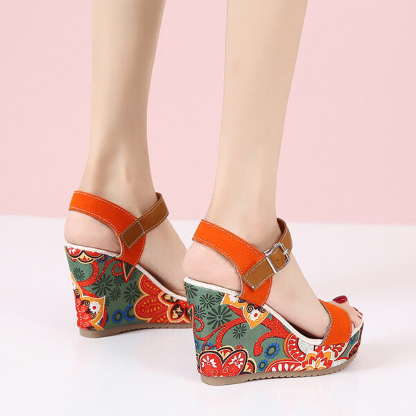 Fashion Flowers Embroidered High Wedge Sandals For Women Summer Toe Platform Buckle Shoes - Image 6