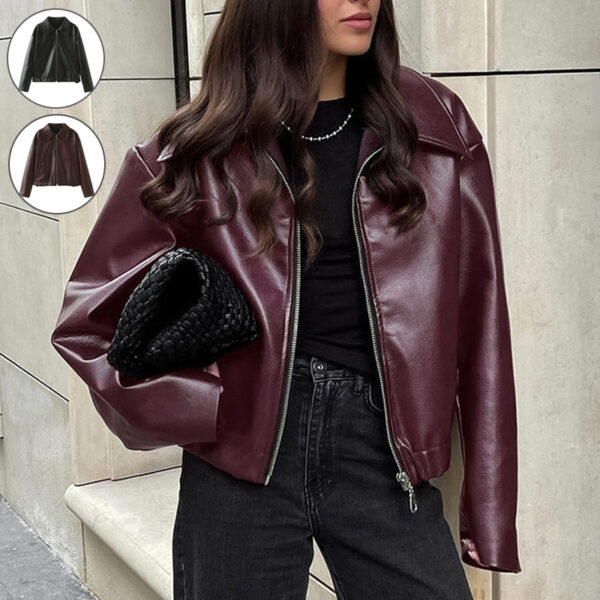 Solid Color Lapel Zipper Jacket Fashion Casual Long Sleeve Leather Coat Tops Women Clothing - Image 5