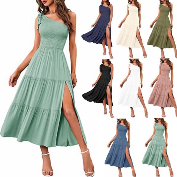 New Summer Fashion Women's One-shoulder Pleated Layered Hem Split Dress - Image 8