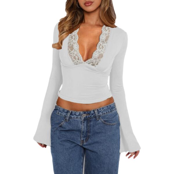 Slim V-neck Lace T-Shirt Ins Fashion Trumpet Sleeve Long-sleeved Top Women Clothing - Image 8