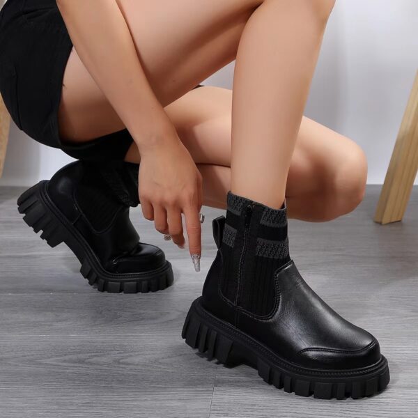 Fashion Mid-tube Boots With Zipper Design Non-slip Thick Sole Elastic Knitted Patchwork Boots For Women Round Toe Shoes Winter - Image 6