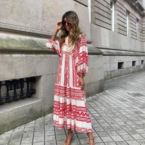 Summer Women's Vintage Printed Bohemian Dress Elegant Ladies Casual Loose V-Neck Short Sleeve Long Dresses - Image 8