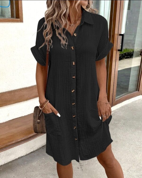 Summer Short Sleeve Shirt Dress Fashion Solid Color Single-breasted Mid-length Loose Dress - Image 3