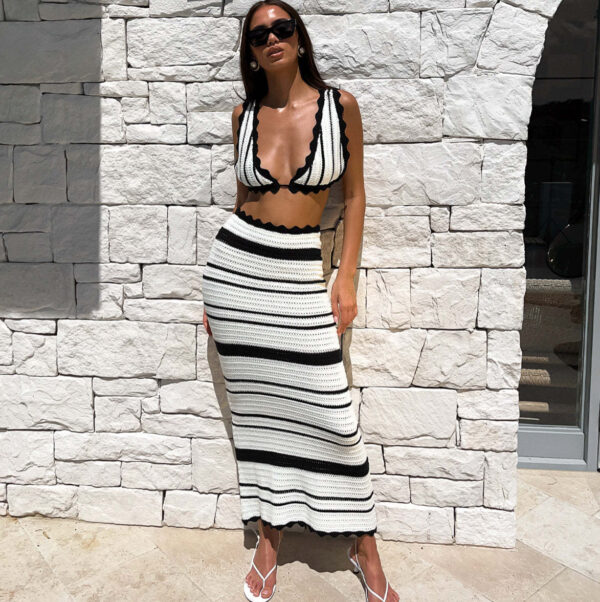 2pcs Striped Bikini Casual Vest Sling Top Suit Beach Summer Y2K Long Dress Suits For Women - Image 7