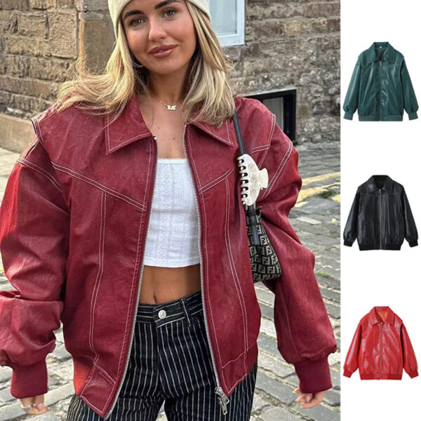 Loose Fashion Lapel Zip-up Jacket Cool Long Sleeve Zipper Closure Moto Biker Leather Jacket Womens Clothing - Image 2