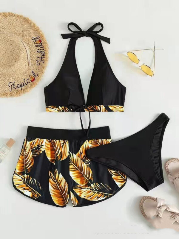 3pcs Leaf Print Bikini With Shorts Fashion Summer Beach Swimsuit Womens Clothing - Image 7