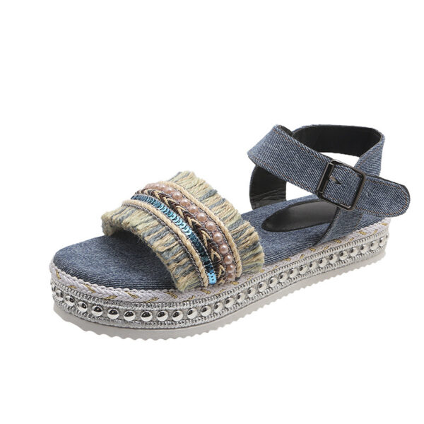 Fashion Tassel Denim Sandals With Thick-soled Flat Heel New Summer Hemp Rope Sole Ethnic Style Shoes For Women - Image 7