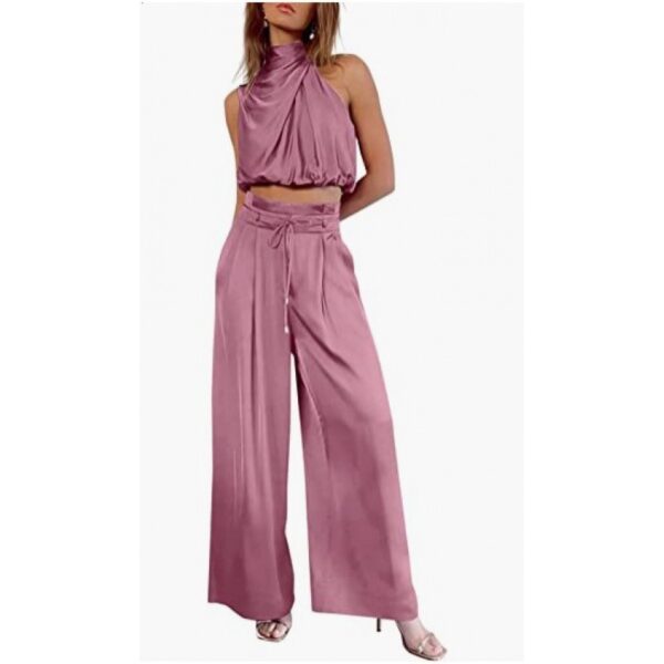 Summer Suits Casual Sleeveless Midriff-baring Top And Wide Leg Pants 2pcs Set Womens Clothing - Image 3