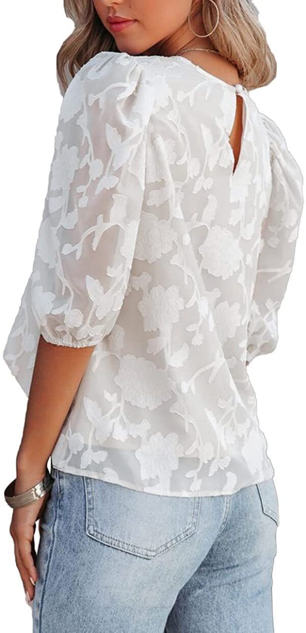 Women's Puff Sleeve Chiffon Loose Top Flower Texture Shirt - Image 7