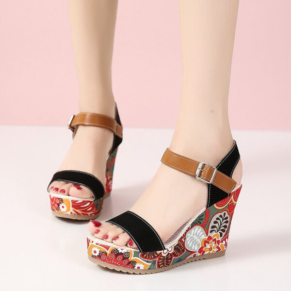 Fashion Flowers Embroidered High Wedge Sandals For Women Summer Toe Platform Buckle Shoes - Image 7