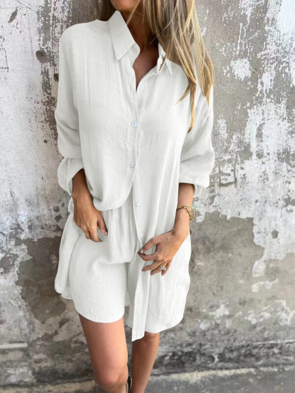 2pcs Loose Long-sleeved Shirt Suit With Lapel Button Tops And Elasticated Shorts Fashion Casual Clothing For Women - Image 10