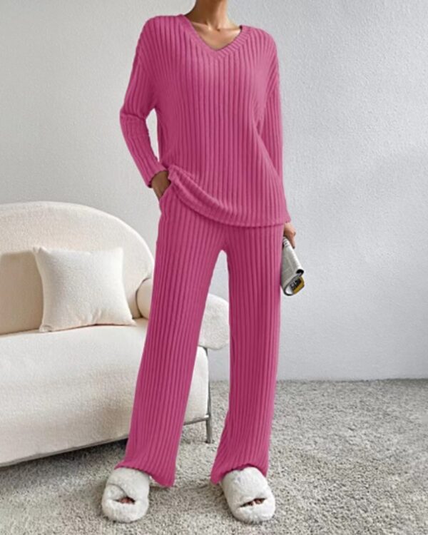 Fashion Solid Striped Suit V-neck Long-sleeved Top And Casual Straight Pants Loose Temperament Women's Clothing - Image 5